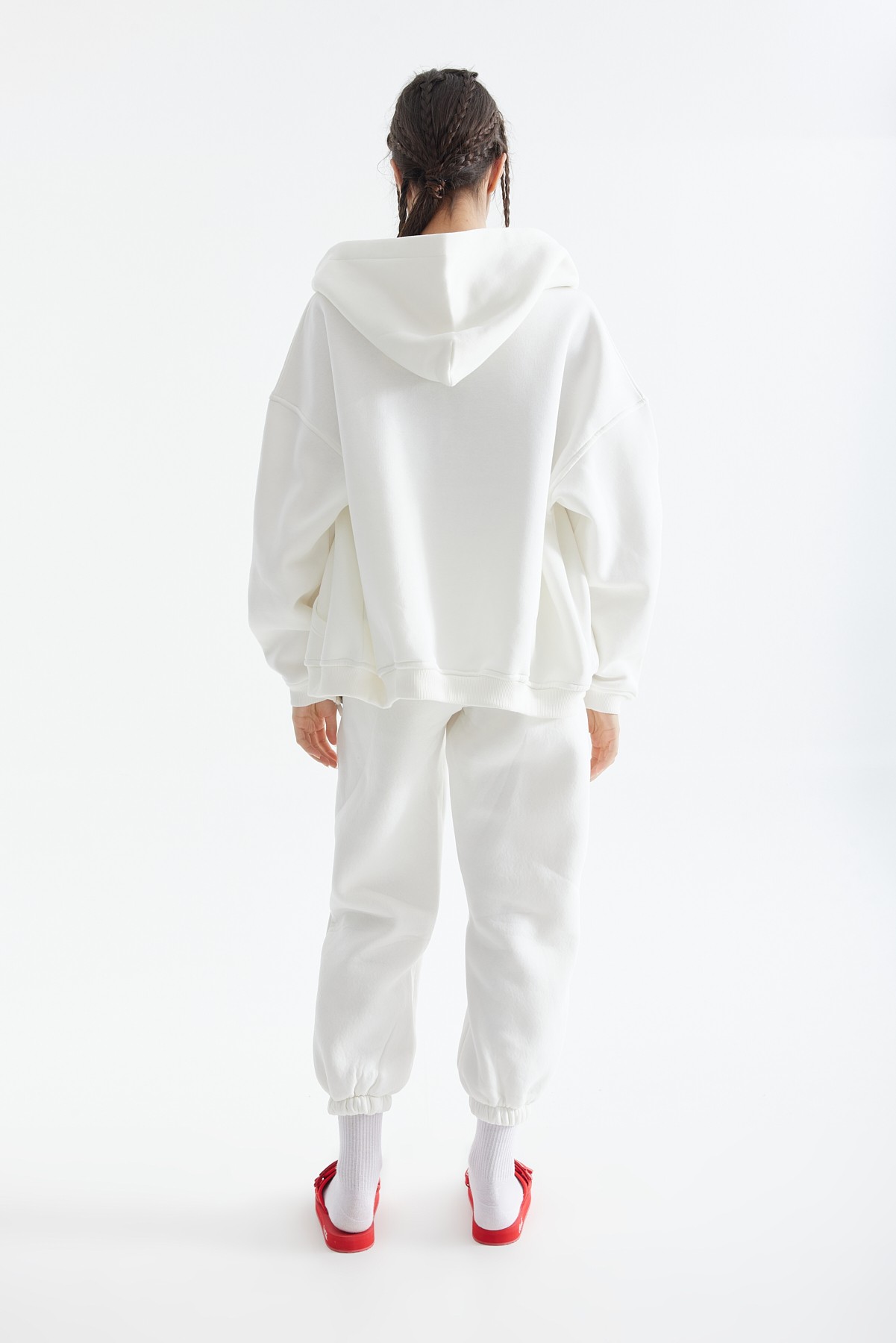 Beyaz Fermuarlı Kapüşonlu Sweatshirt K