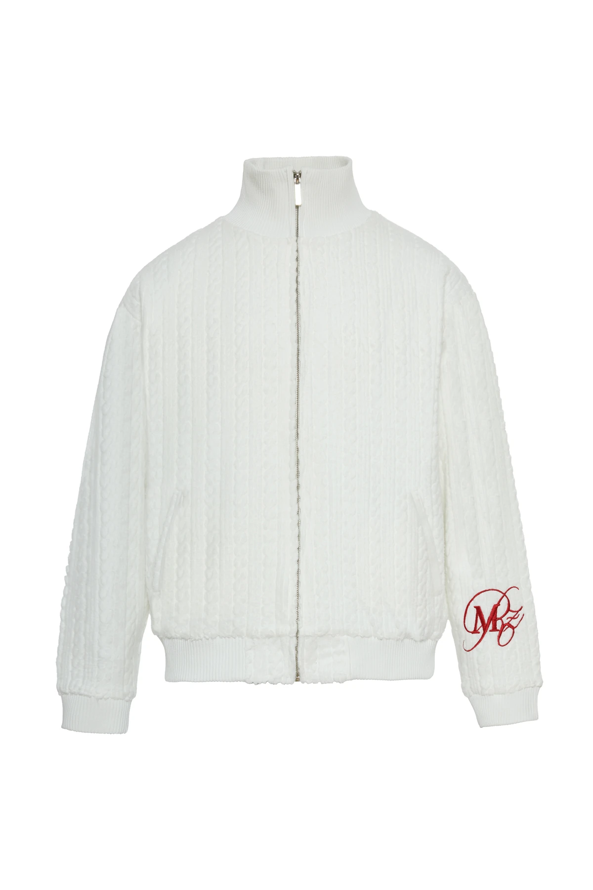 Hold Your Stories Havlu Kumaş Nakış Detaylı Fermuarlı Sweatshirt Beyaz