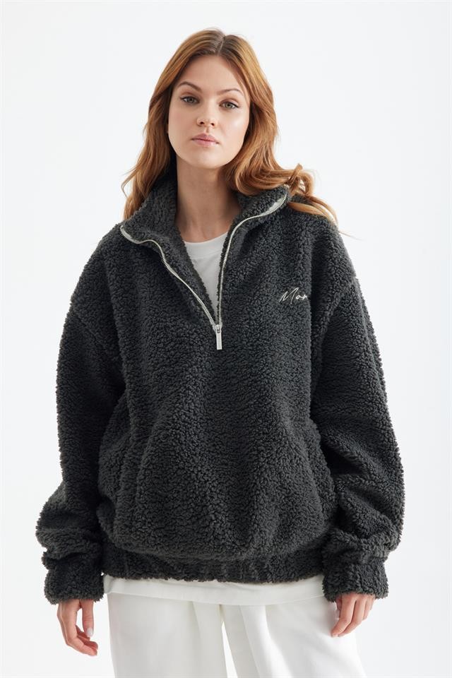 Half Zipper Khaki Plush Sweatshirt K