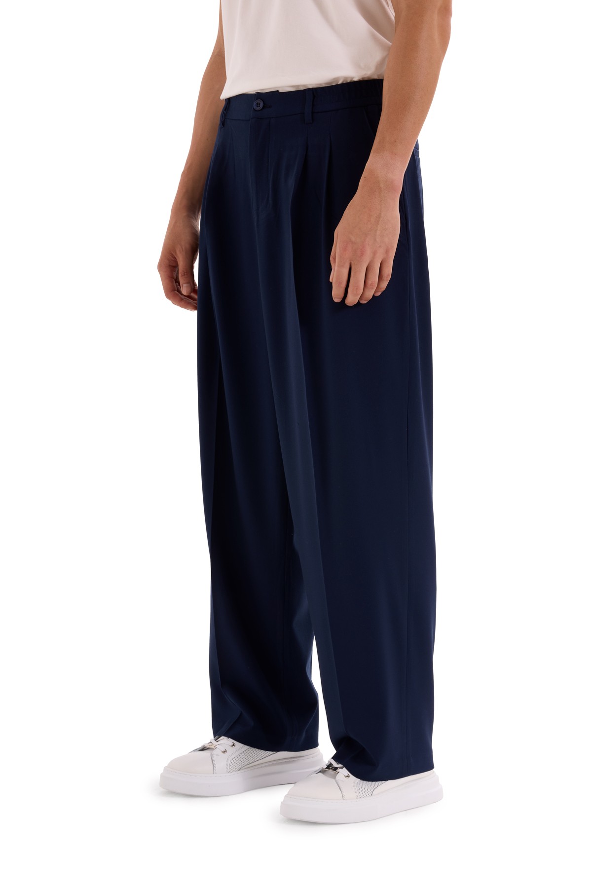 Navy Blue Pleated Woven Trousers