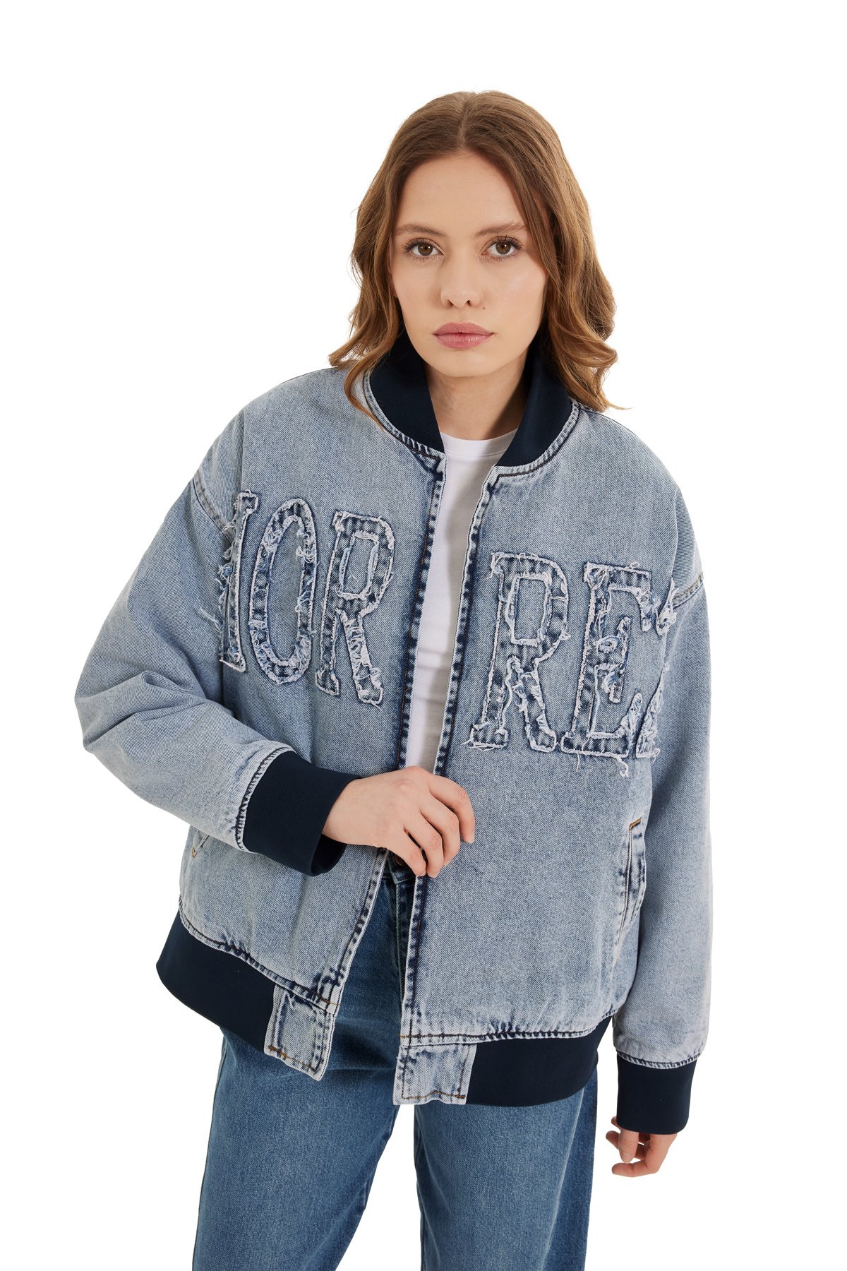 Denim Bomber Jacket with Applique Detail // Woman