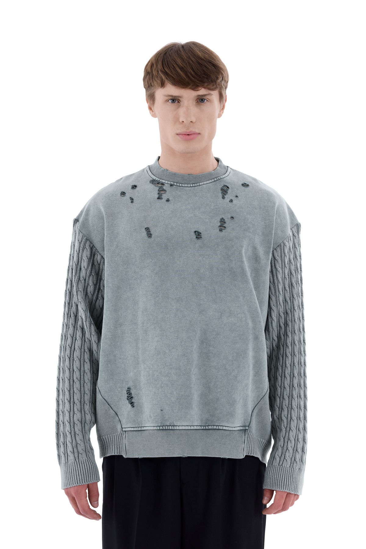 Distressed Knitted Sleeve Detailed Sweatshirt