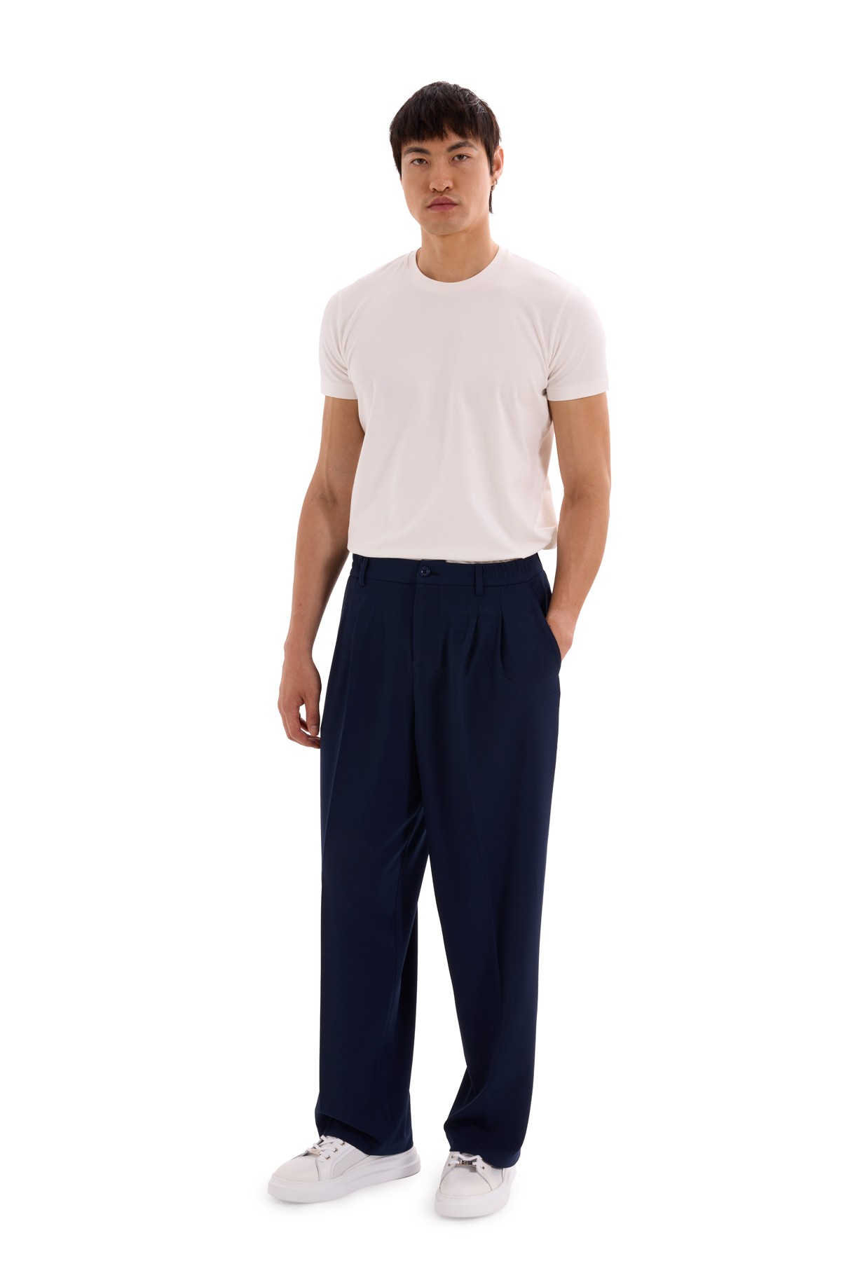 Navy Blue Pleated Woven Trousers