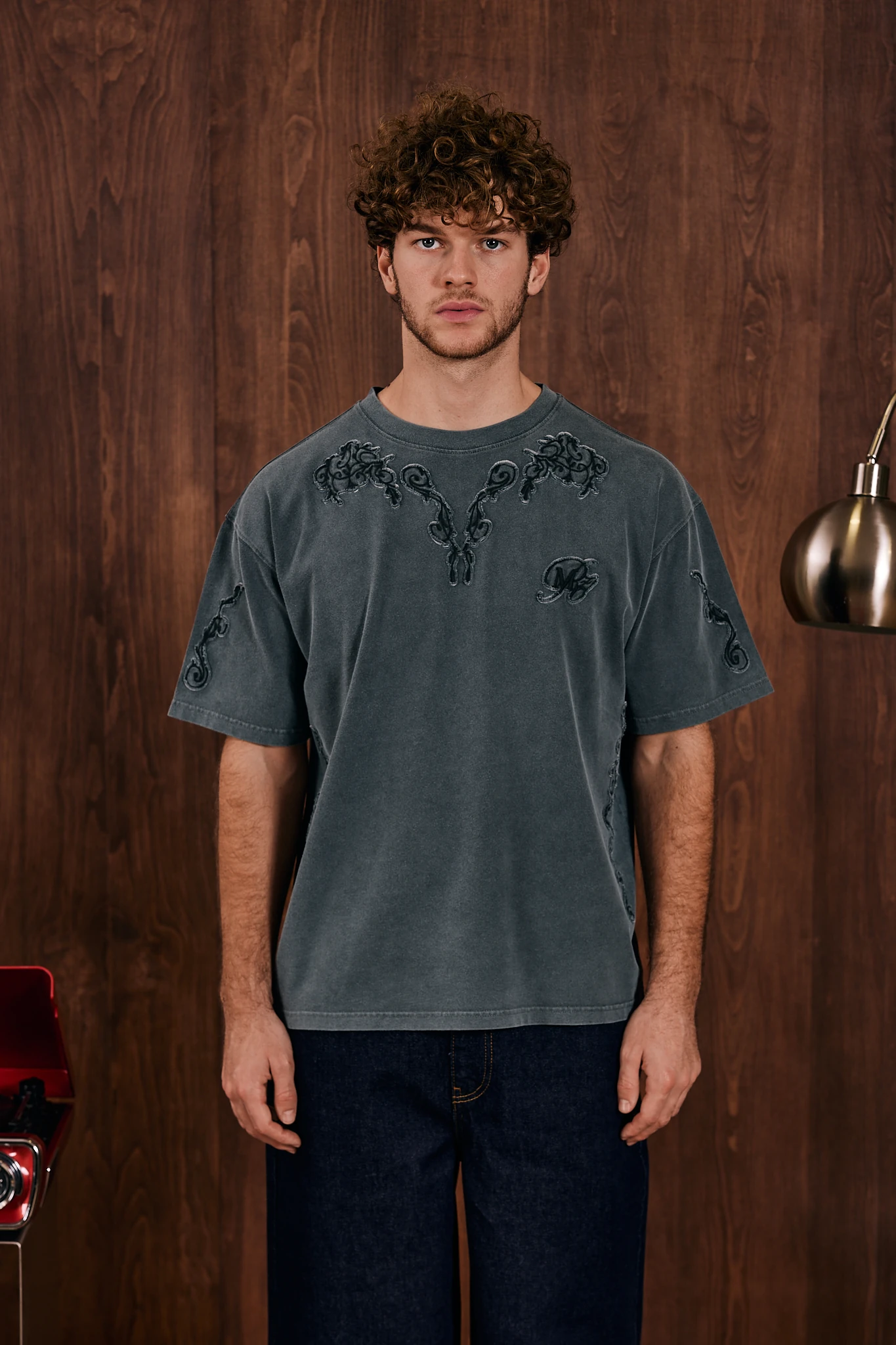 Anthracite Textured Motif T-Shirt Antrasit