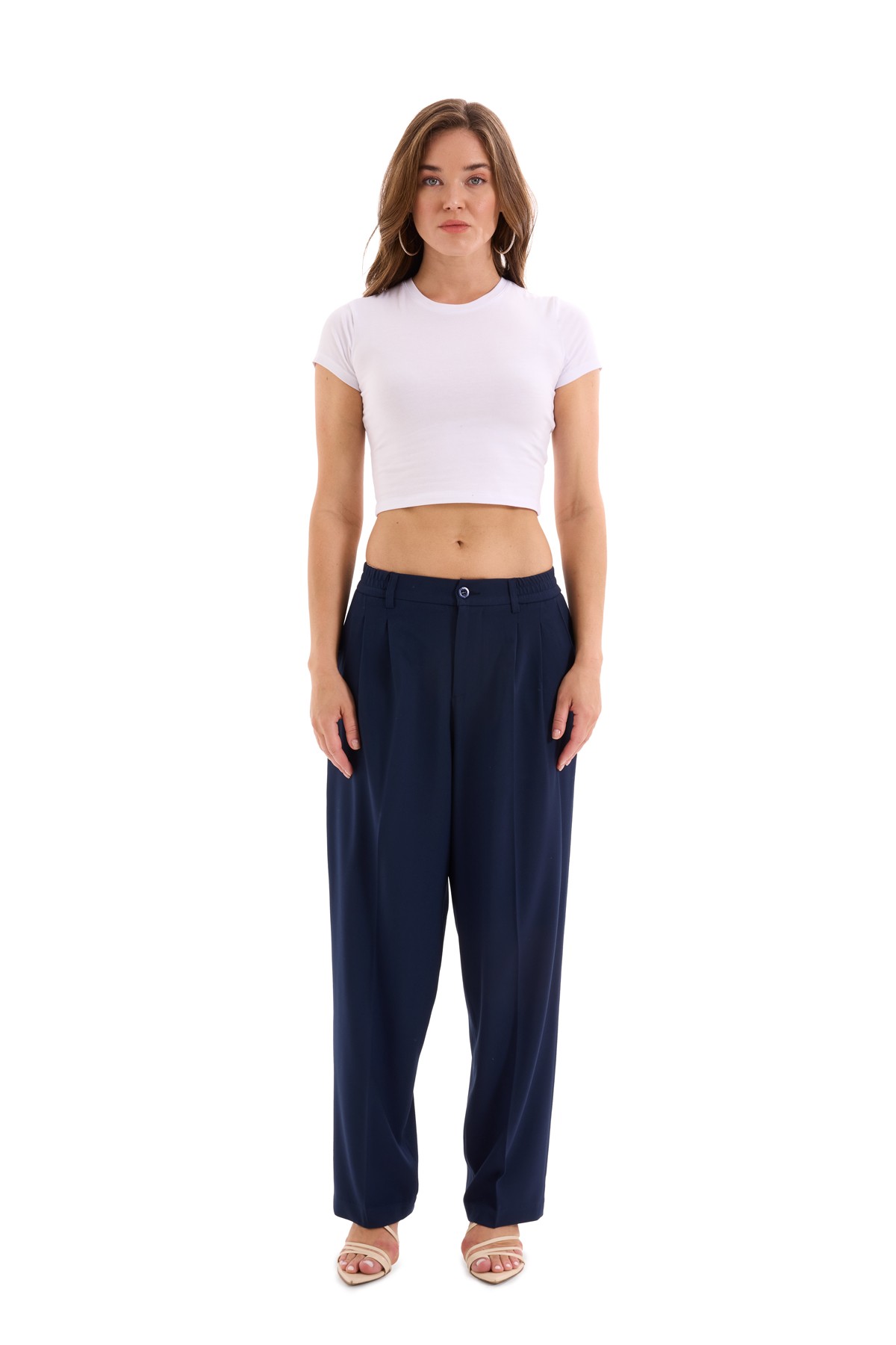 Navy Blue Pleated Woven Trousers K