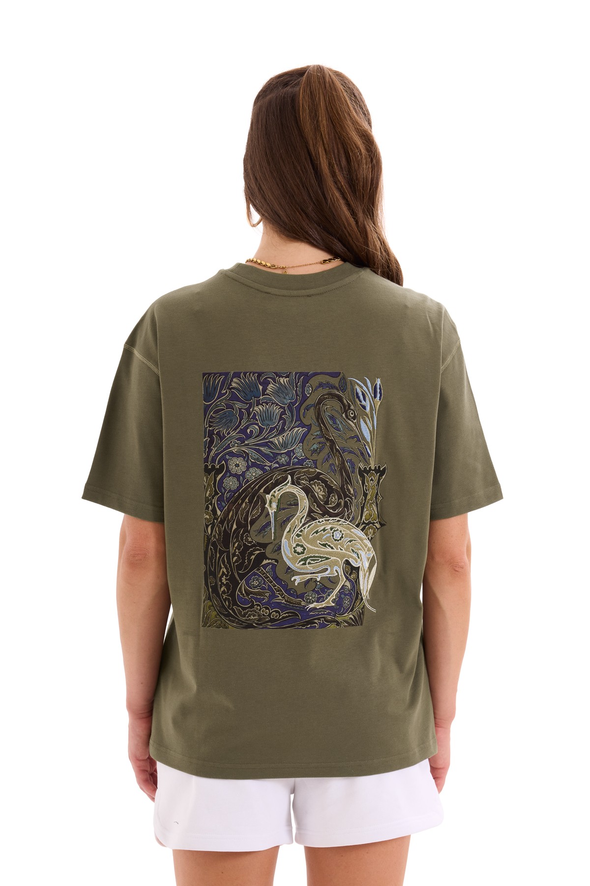 Swan Embroidery and Print Detailed T-Shirt