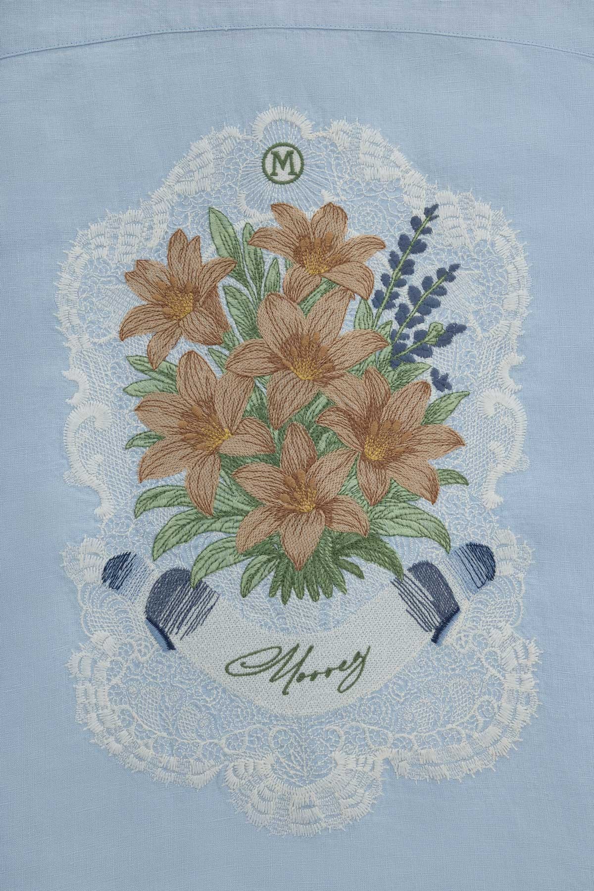 Verdure Lace 100% Linen Shirt with Back Embroidery