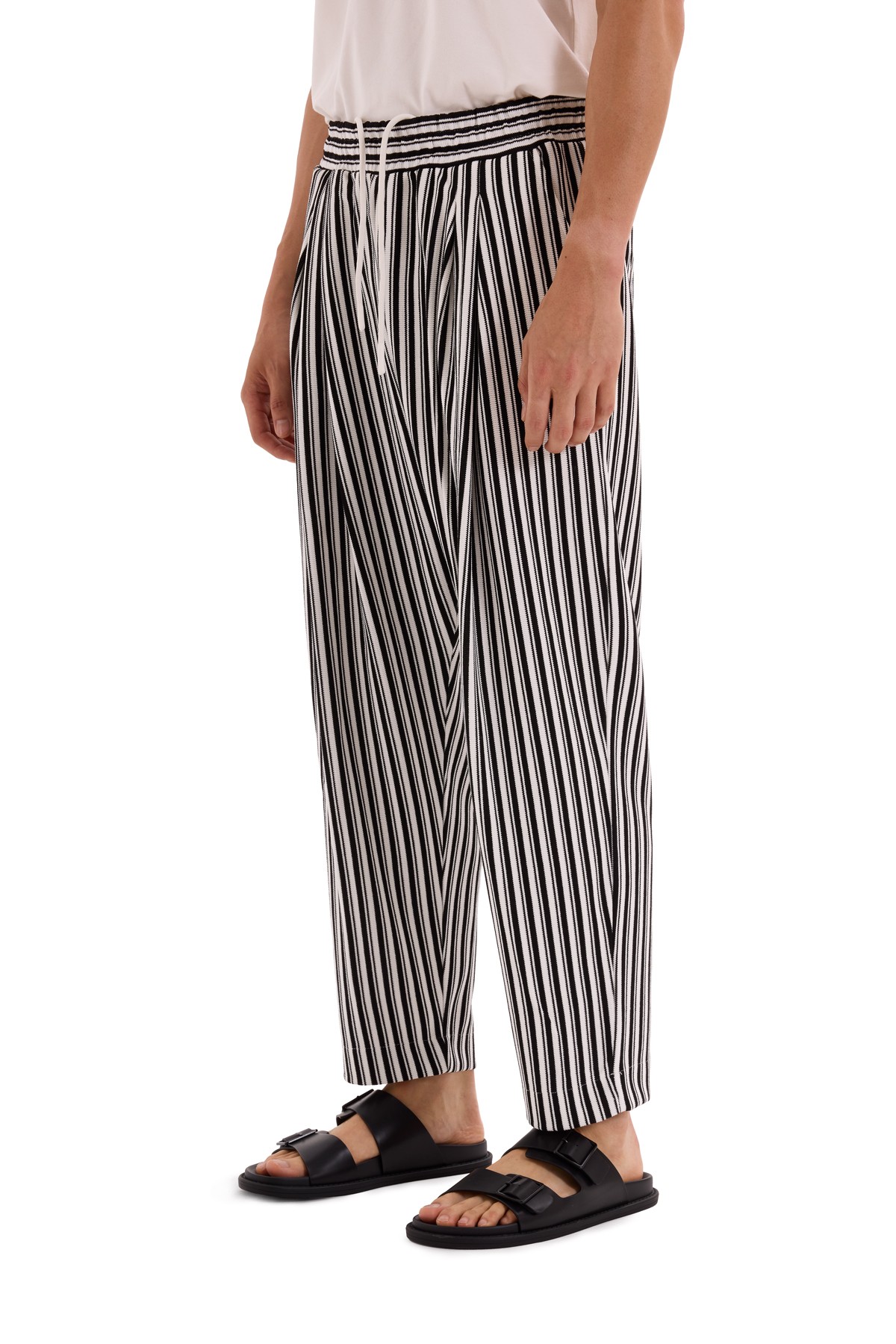 Ecru Double Pleated Striped Trousers