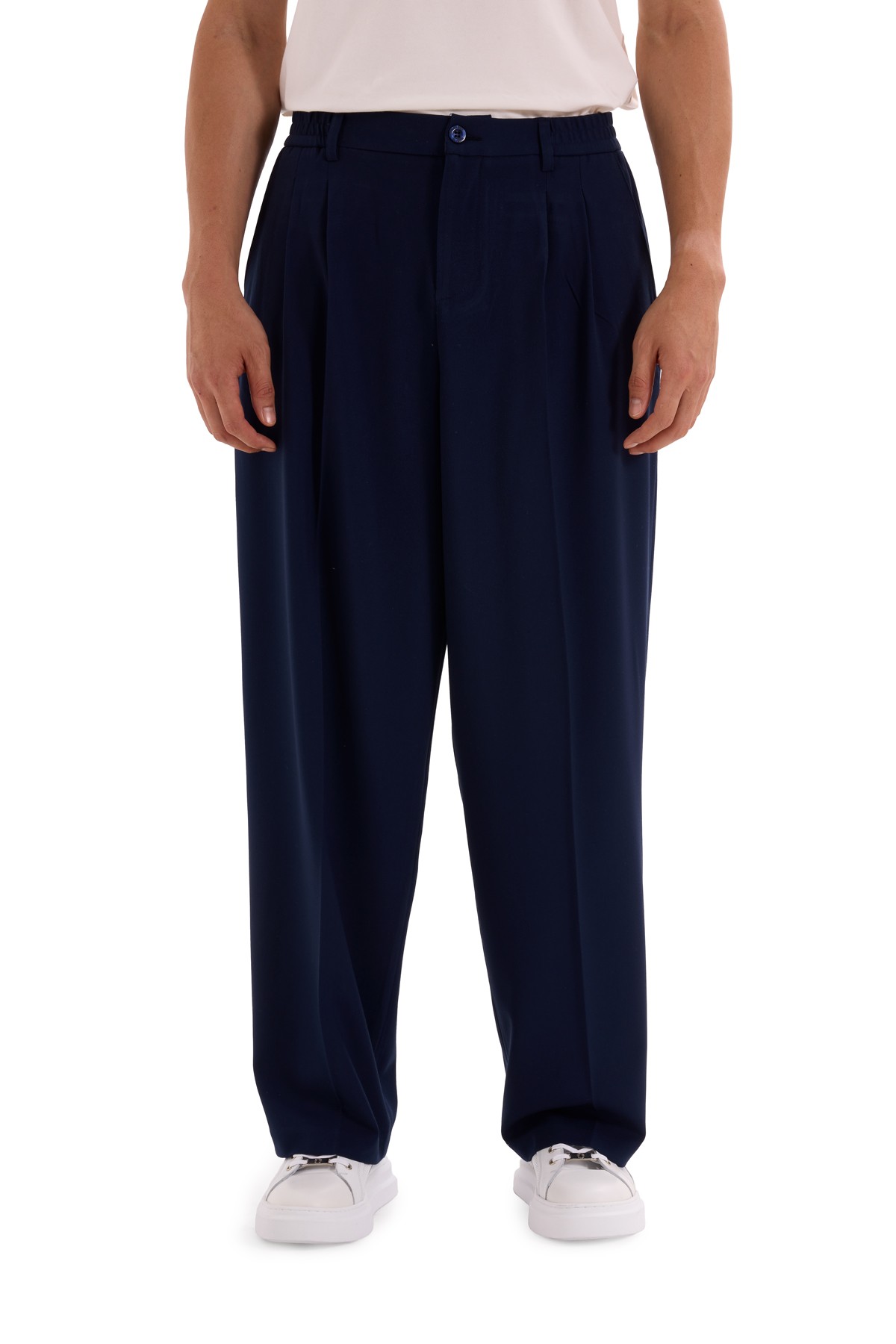 Navy Blue Pleated Woven Trousers