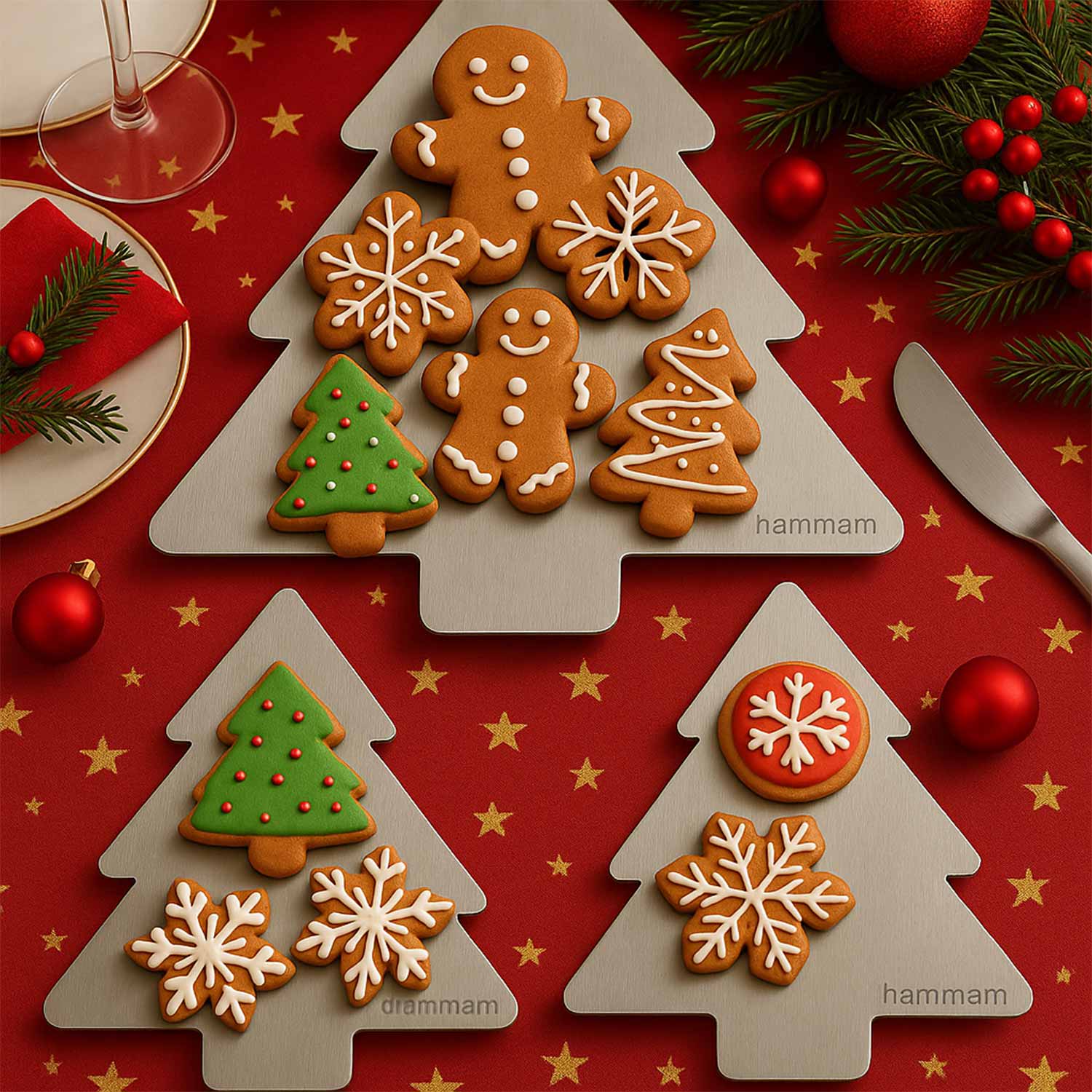 Paslanmaz Çelik Sunum Tabağı 3'Lü Set %100 Hijyenik Orjinal 304 Kalite - CHRISTMAS 3'LÜ SET
