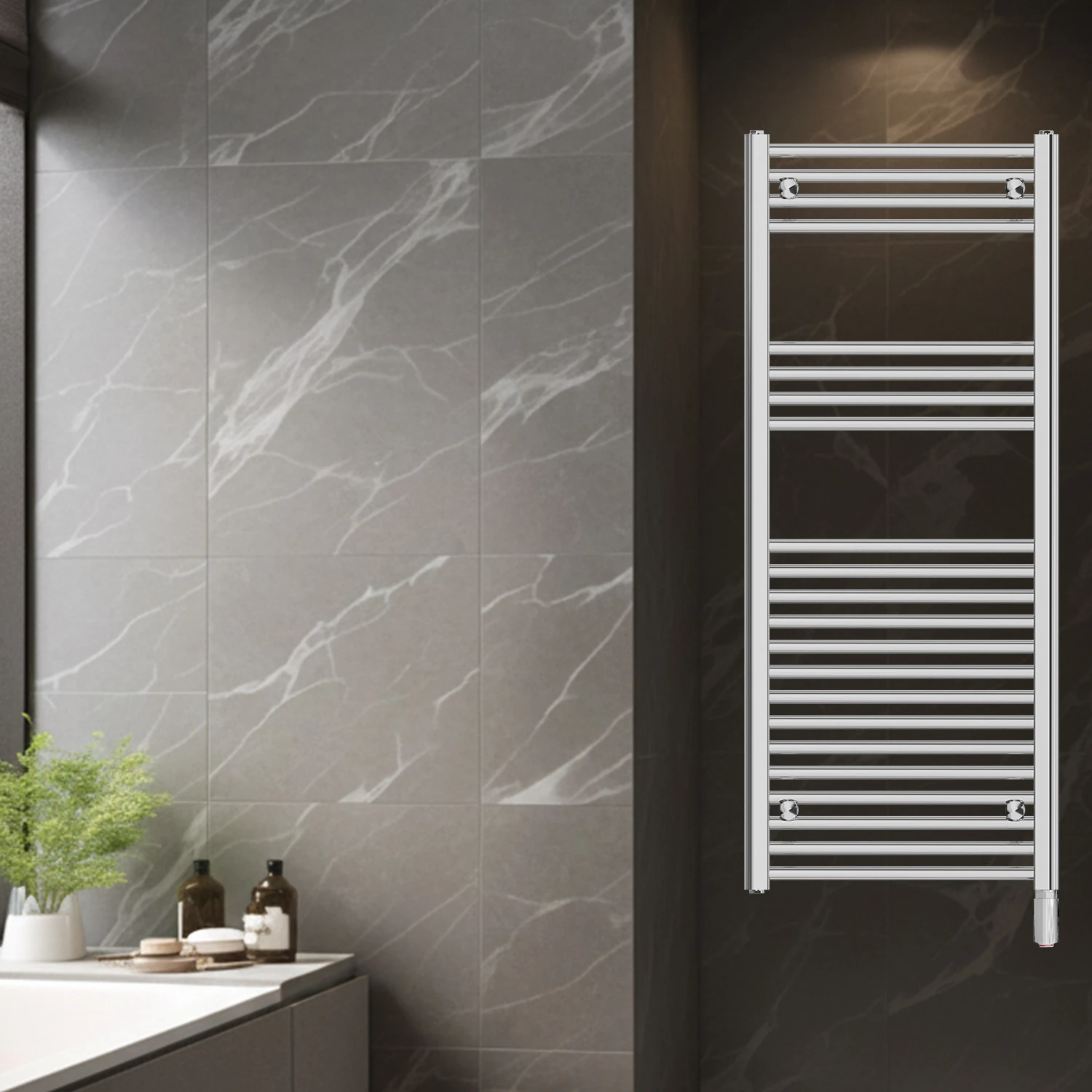 1200x500mm 500W Alya Krom Çok Borulu Elektrikli Havlupan - On-Off Buton Kablo Gizlemeli