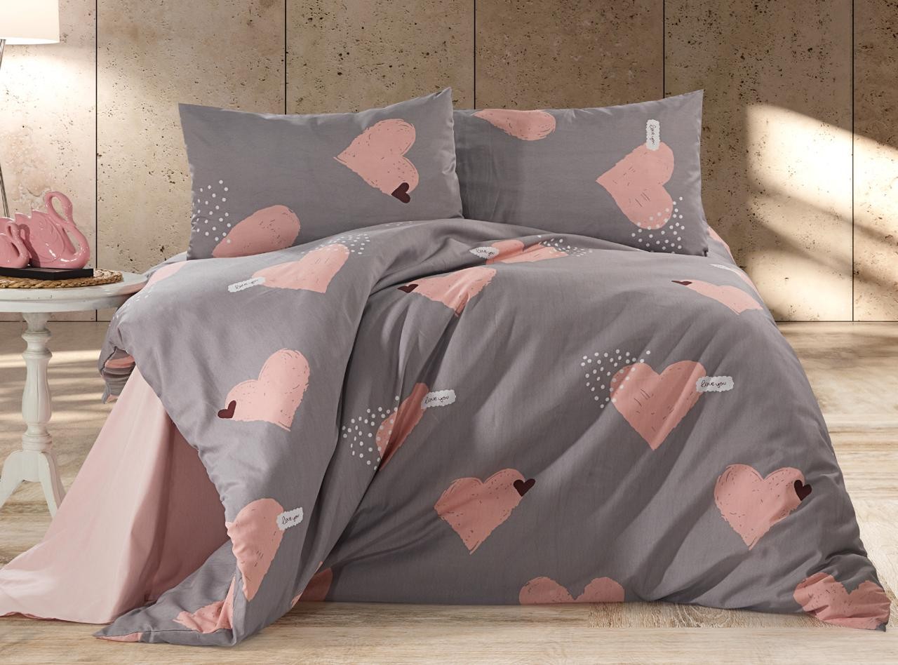 Gri Pembe Kalp Pamuklu Çift Kişilik Nevresim Takımı