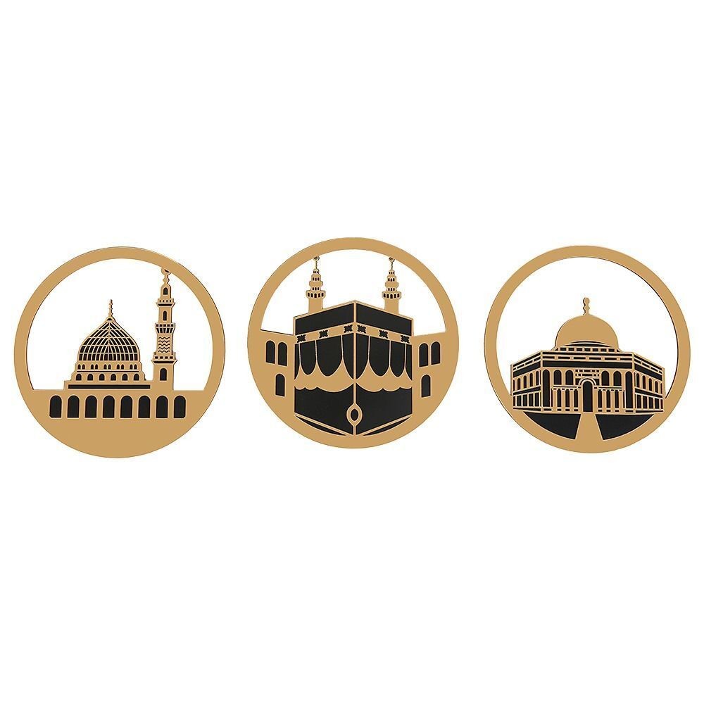 Kabe i Muazzama  Ravza ı Mudahhara ve Mescidi Aksa Üç Mescid Gold Pleksi Üçlü Takım Duvar Süsü  (30*30 cm)