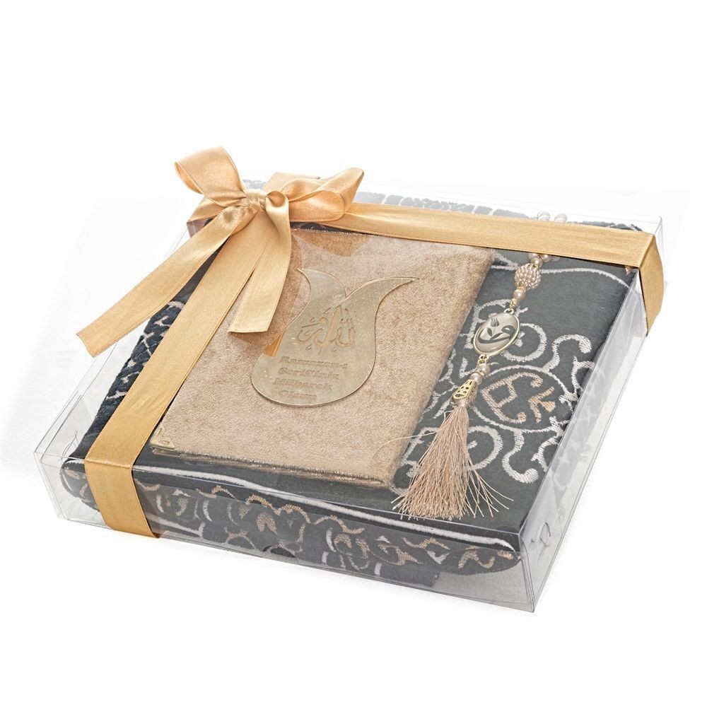 Hediyelik Kabe Desenli Lüks Seccade, Kadife Kaplı Yasin Kitabı, İnci Tesbihli Set