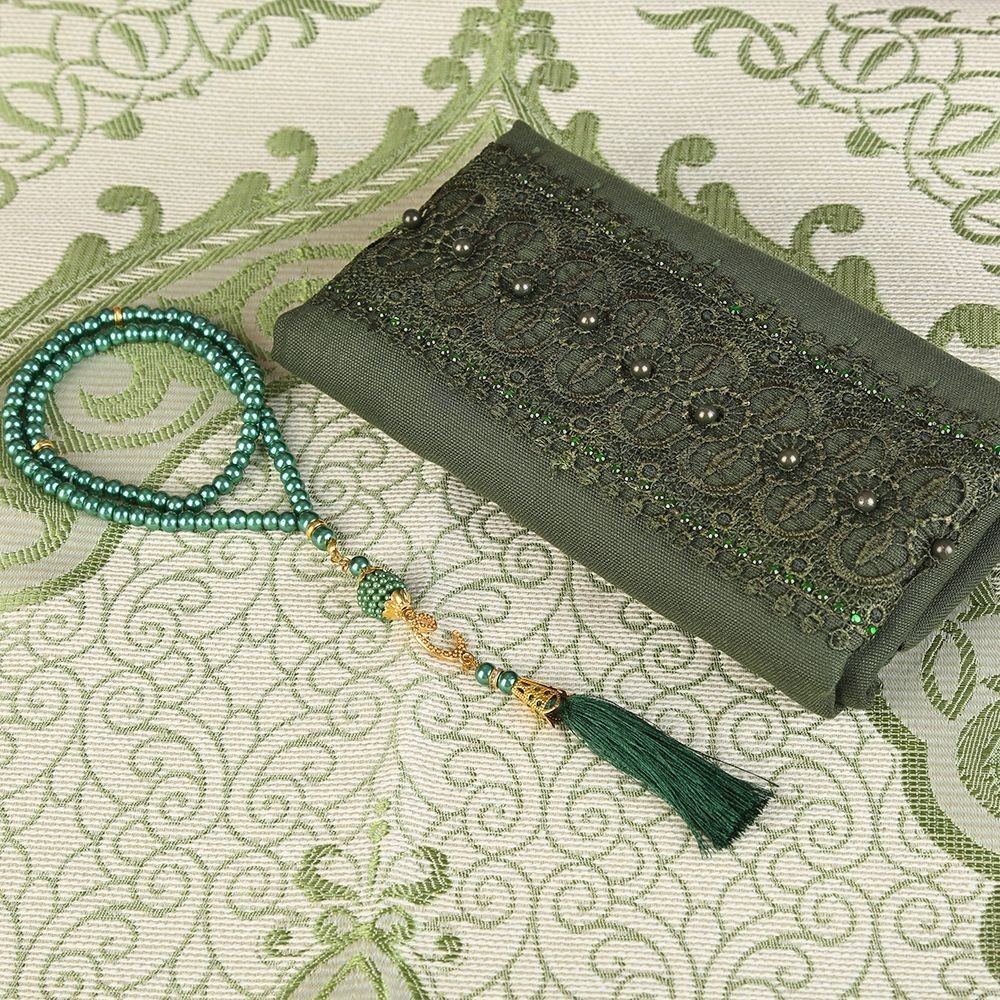 Hediyelik Seccade, Şal, İnci Tesbih, Asetat Kutulu (26×23 cm 450 gr) Set-Yeşil