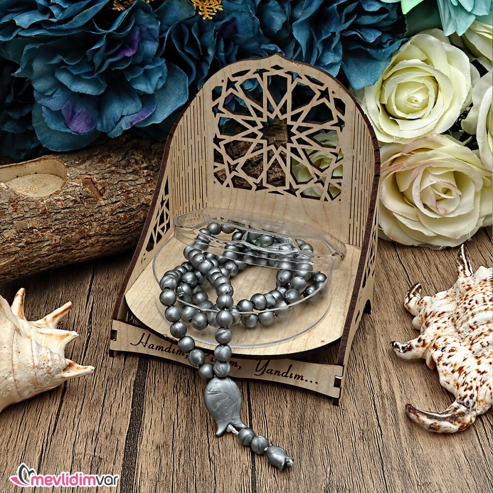 Kokulu Tesbih Lale İşlemeli Yuvarlak Kutulu Gümüş Sedef