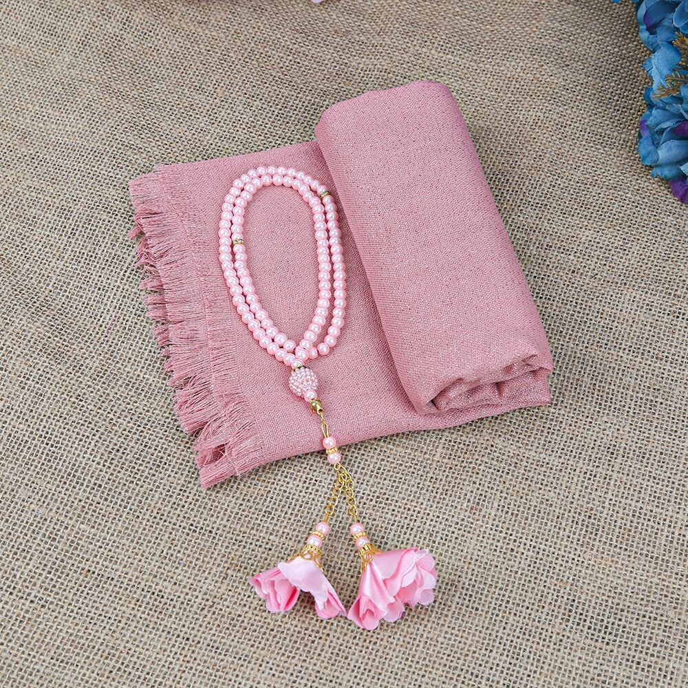 Hediyelik Pembe Şal & İnci Tesbih Güllü Pembe