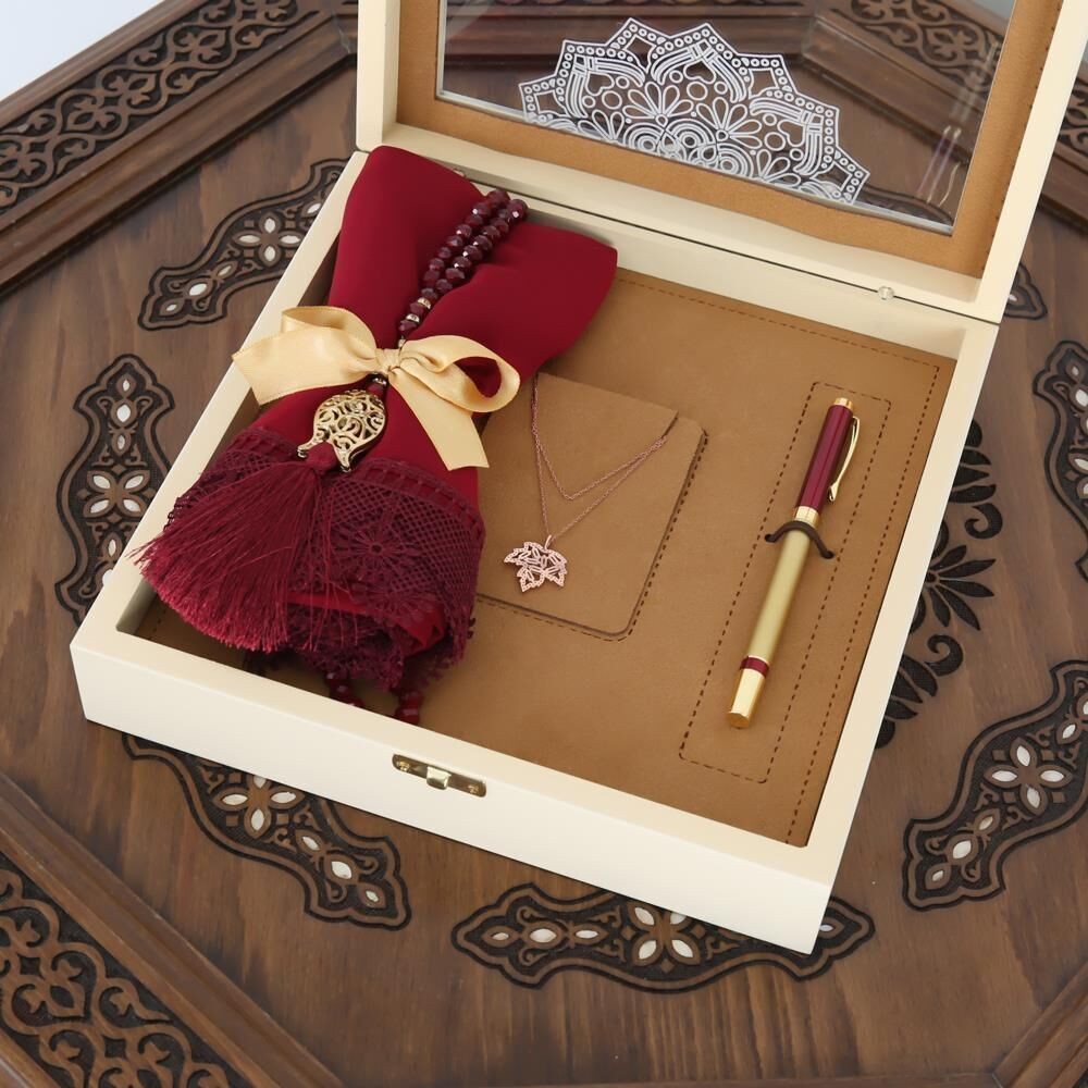 Anneler Günü Hediyesi Bordo Şal, Kristal Tesbih, Kalem, Kolye, Ahşap Kutulu Set