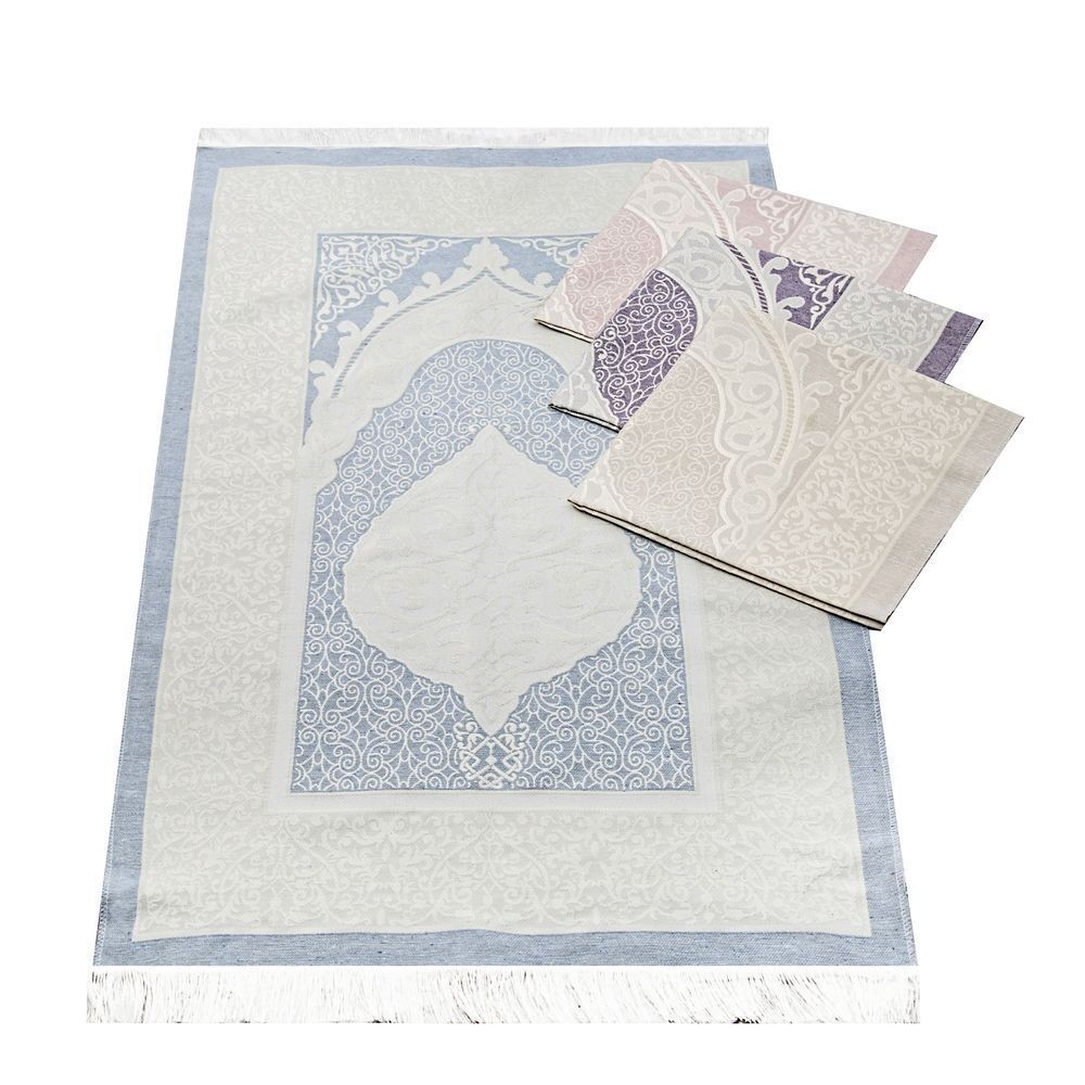 Hediyelik İpek Nur Seccade, İnci Tesbih, Pamuklu Şal, Asetat Kutulu (26×23) Set Mavi