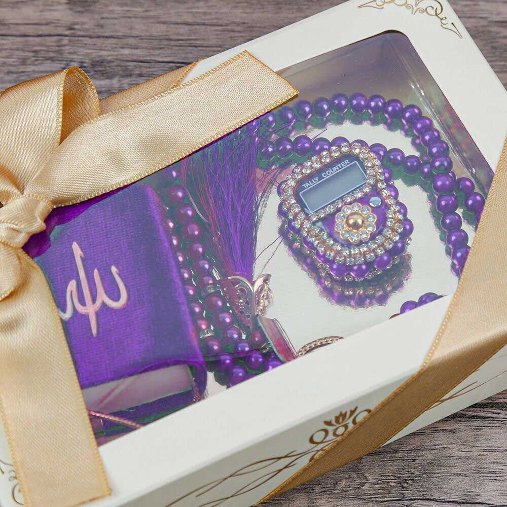 Hediyelik Mini Kur'an-ı Kerim & Lüks Taşlı Zikirmatik & İnci Tesbih Hediye Seti (2,5 * 4,5 * 5,5 cm  125 gr ) - Mor