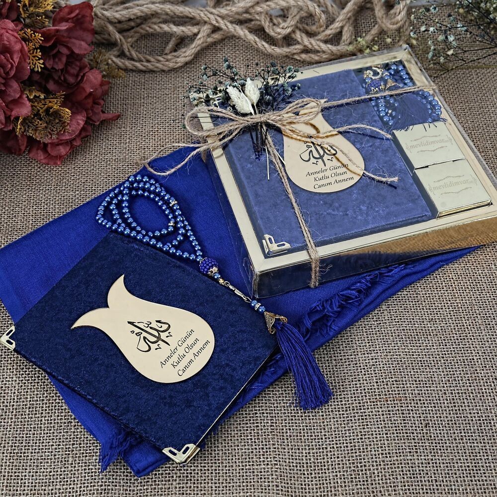 Hediyelik Şal, Yasin Kitabı, Çikolata, İnci Tesbihli Set-Lacivert