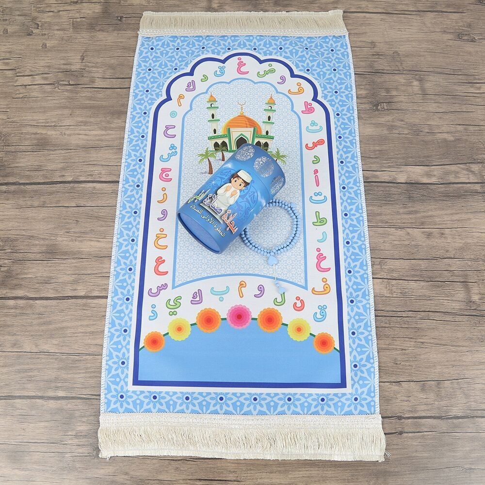 Children's Prayer Rug Kaaba Blue & Fragrant Heart Embroidered Baby Blue Rosary & First Step To Prayer Piggy Bank Cylinder Box Si
