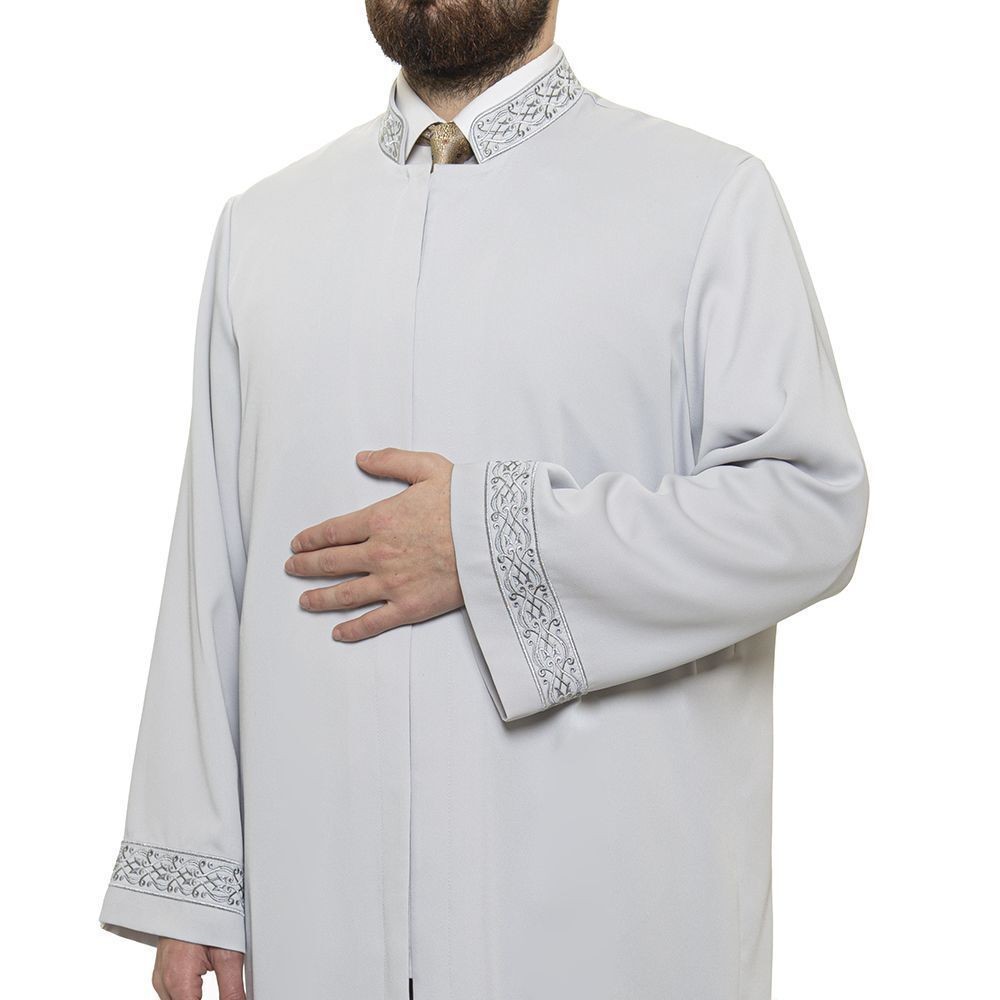 Asım  İmam Cübbesi Gri Kol ve Yaka Nakışlı Model