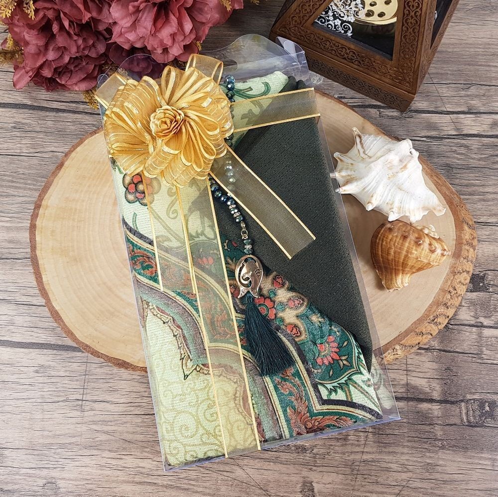 Hediyelik Seccade, Şal, Kristal Tesbih, Süslemeli Asetat Kutulu (30×18) Paket