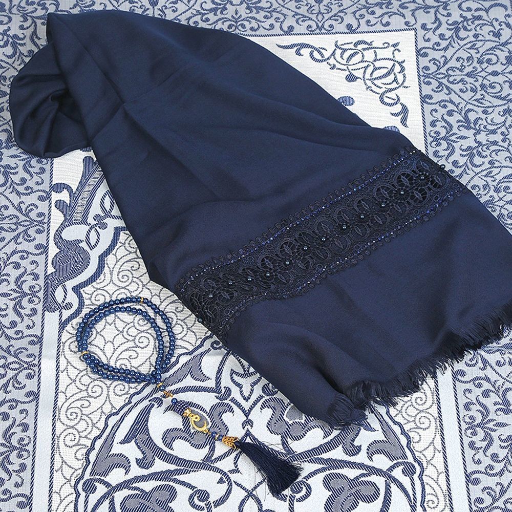 Hediyelik Seccade, Şal, İnci Tesbih, Asetat Kutulu (26×23 cm 450 gr) Set-Lacivert