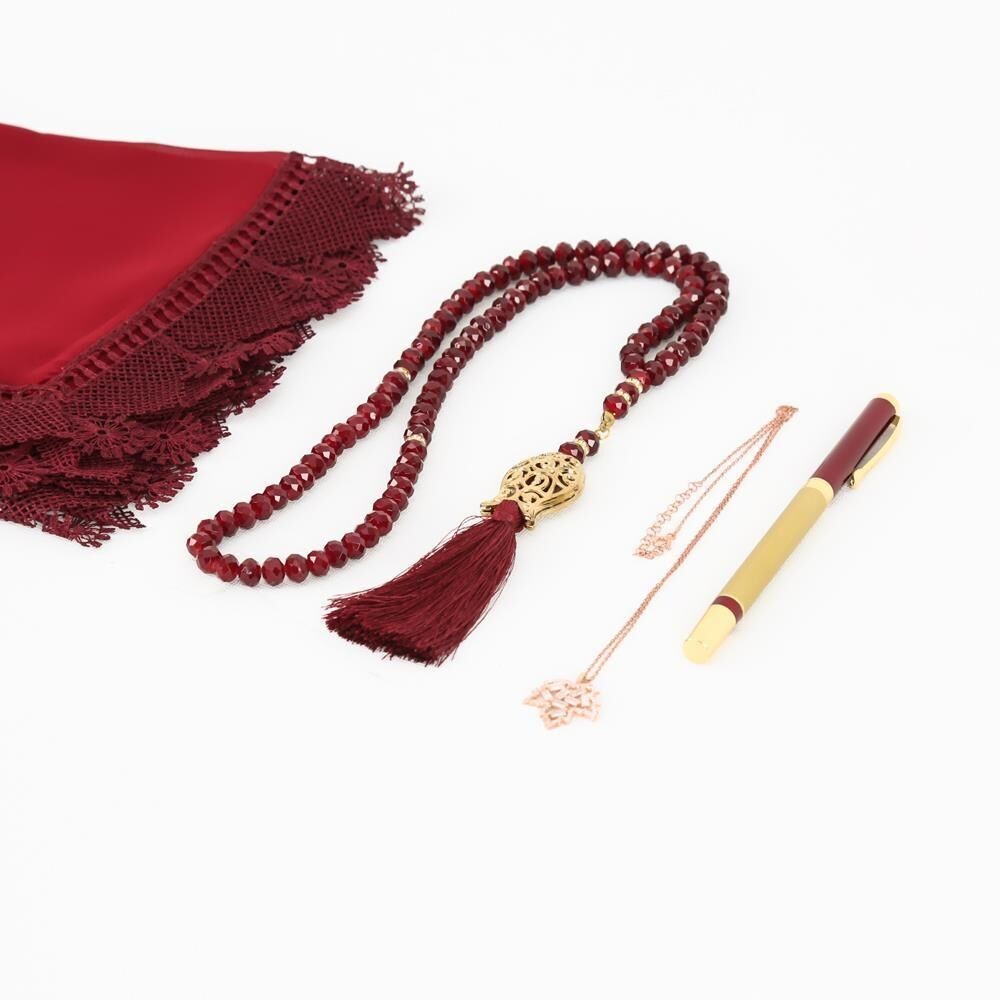 Anneler Günü Hediyesi Bordo Şal, Kristal Tesbih, Kalem, Kolye, Ahşap Kutulu Set