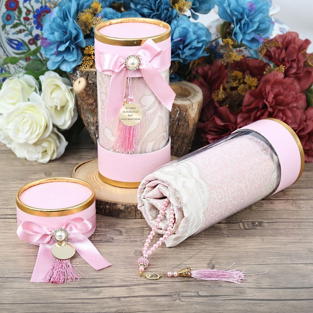 İsme Özel Anneler Günü Hediyesi Silindir Asetat Kutu (18×10), Seccade, İnci Tesbihli Set-Pembe