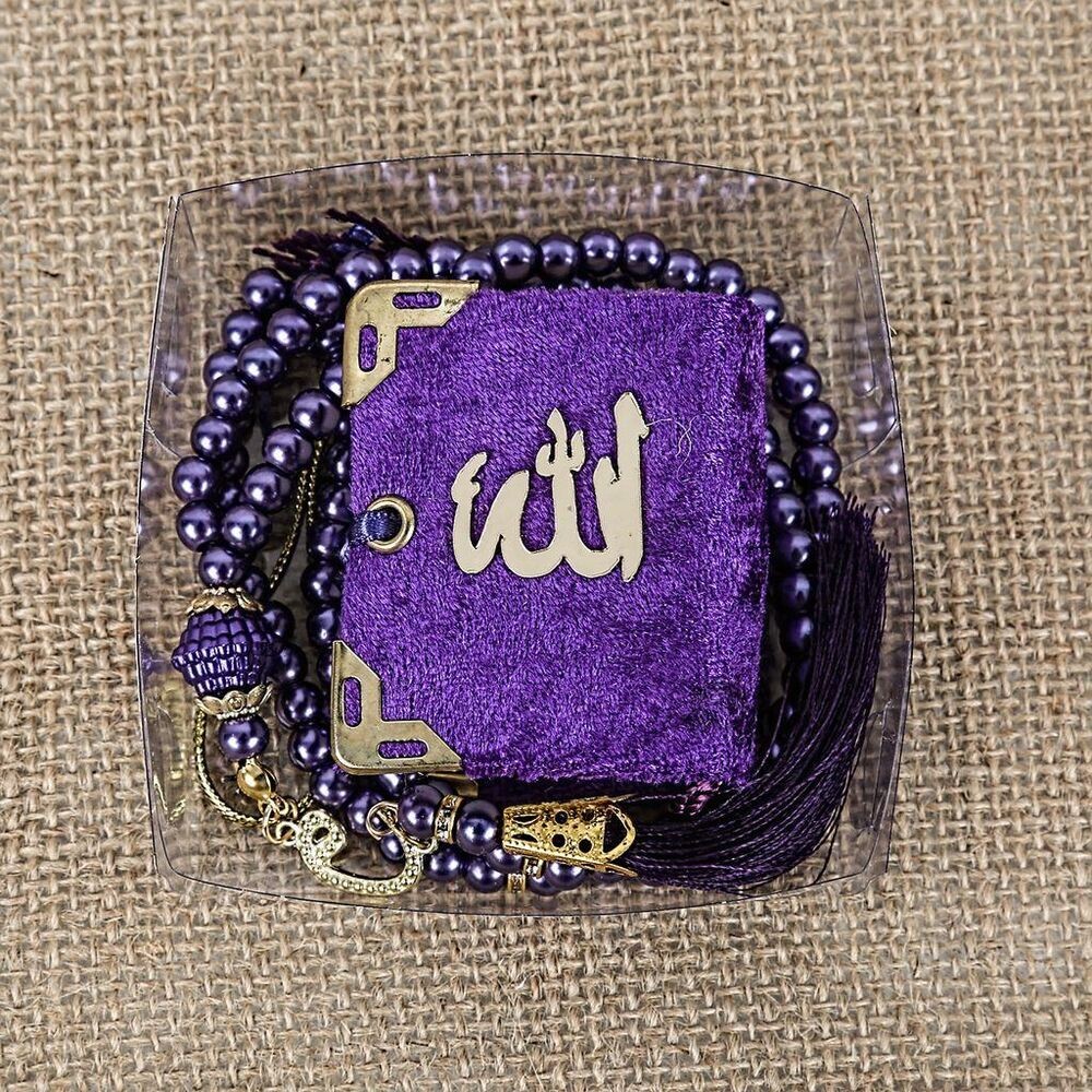 Hediyelik Mini Kuran, İnci Tesbihli Kare Kutulu Set-Mor