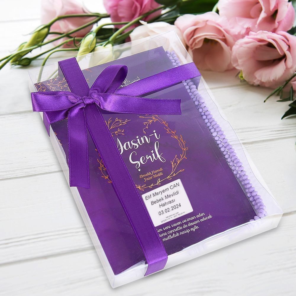 Ekonomik Hediyelik Orta Boy Yasin, Tesbih, Süslemeli Asetat Kutulu (25*18 cm 150 gr)Mor