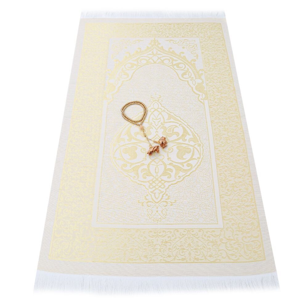 Hediyelik İpek Nur Tafta Seccade Gold & Güllü İnci Tesbih 8 mm Gold(18*25cm 250gr)