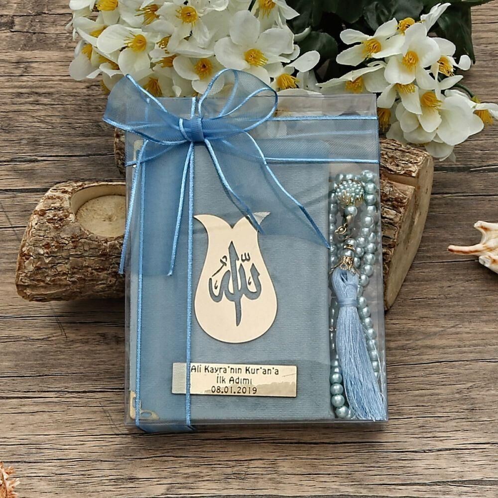 Hediyelik Kadife Kur'an-ı Kerim, İnci Tesbih, Asetat Kutulu (17×15) Set ( Renk Seçenekli )