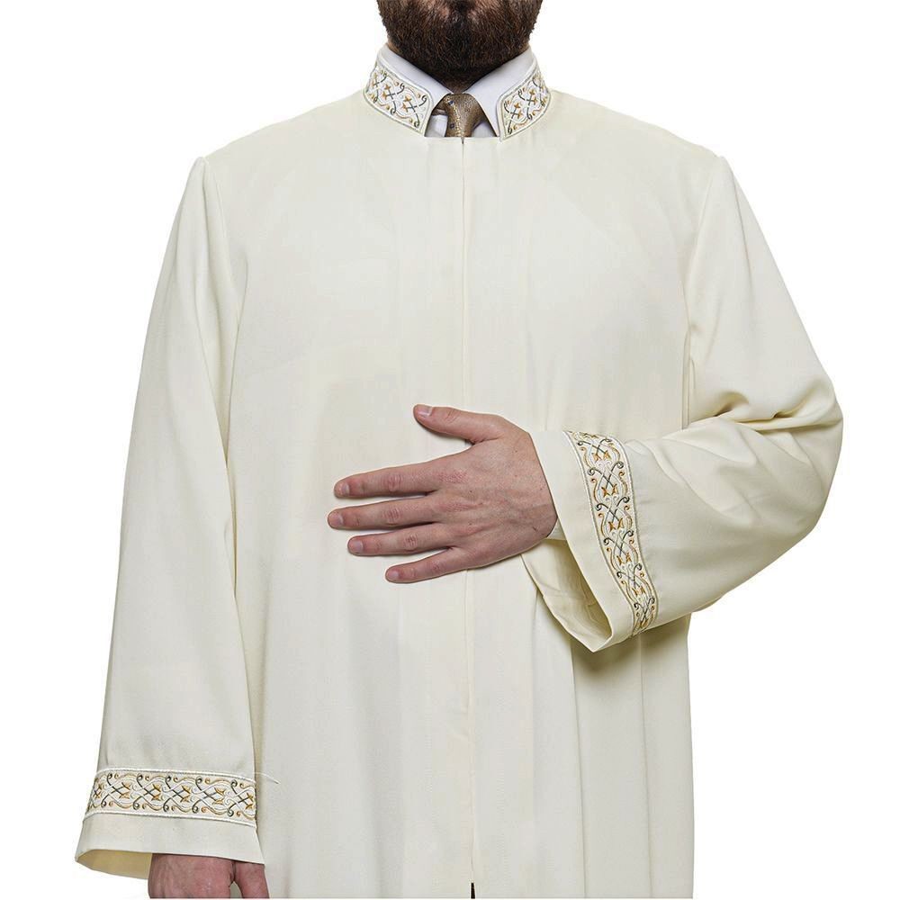 Salah  İmam Cübbesi Krem - Kol ve Yaka Nakışlı Model