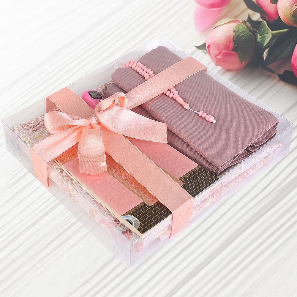 Ekonomik Çanta Boy Yasin, Seccade, Tesbih, Zikirmatik, Süslemeli Asetat Kutulu (23*26 cm -475gr)-Pembe