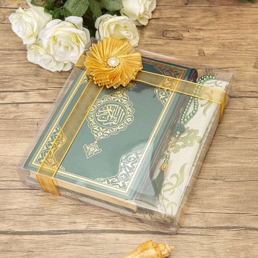 Hediyelik Kuran-ı Kerim, İnci Tesbih, Seccade, Asetat Kutulu(25X18 cm) Mevlid Paketi-Yeşil