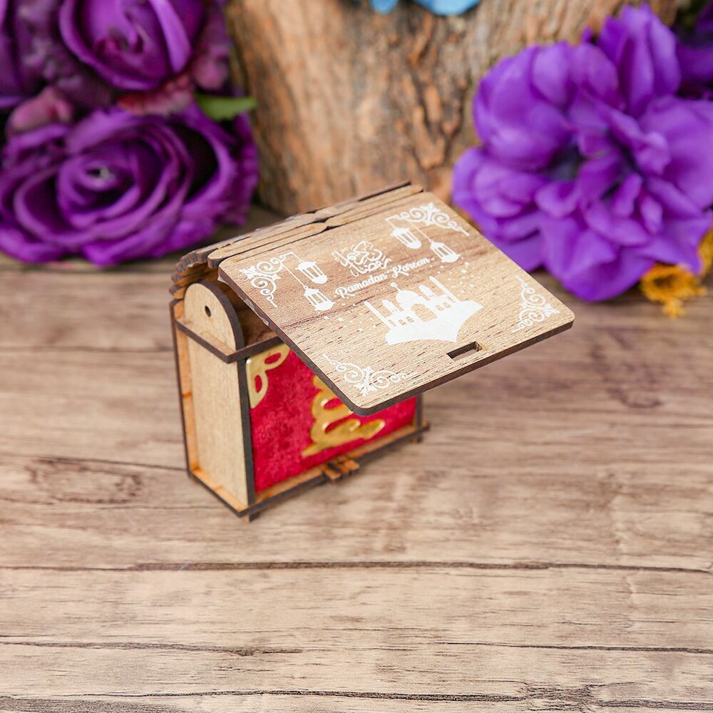 Cami ve Kandil Mini Ahşap Kutu & Mini Kur'an-ı Kerim Kırmızı (8x7cm)