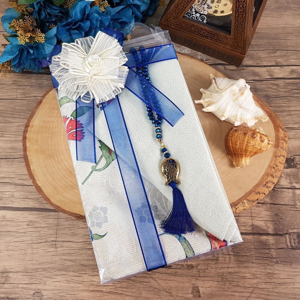 Hediyelik Seccade, Şal, Kristal Tesbih, Süslemeli Asetat Kutulu (30×18) Paket