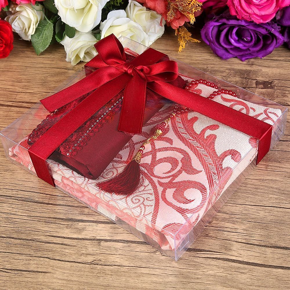 Hediyelik Seccade, Şal, İnci Tesbih, Asetat Kutulu (26×23 cm 450 gr) Set-Bordo