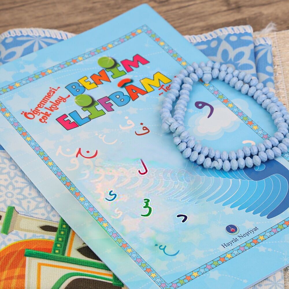 Çocuk Seccadesi ve Eğitici Kitabı Namaz Seti  - Mavi 45x82 cm - 110 gr - Tesbih