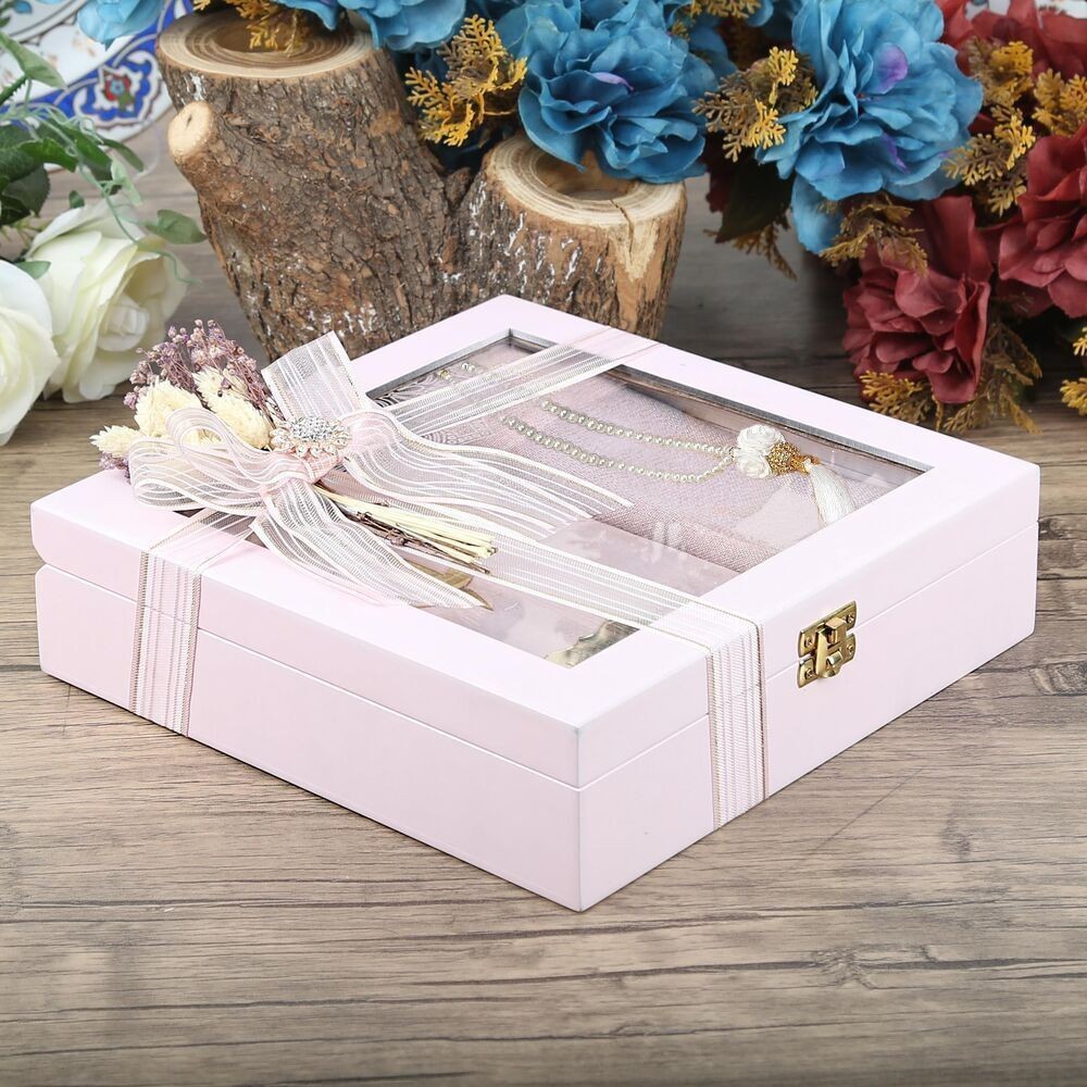 Anneler Günü Hediyesi Şal, Tesbih, Kuran-ı Kerim, Ahşap Kutulu Set-Pembe