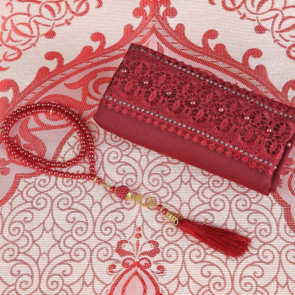 Hediyelik Seccade, Şal, İnci Tesbih, Asetat Kutulu (26×23 cm 450 gr) Set-Bordo