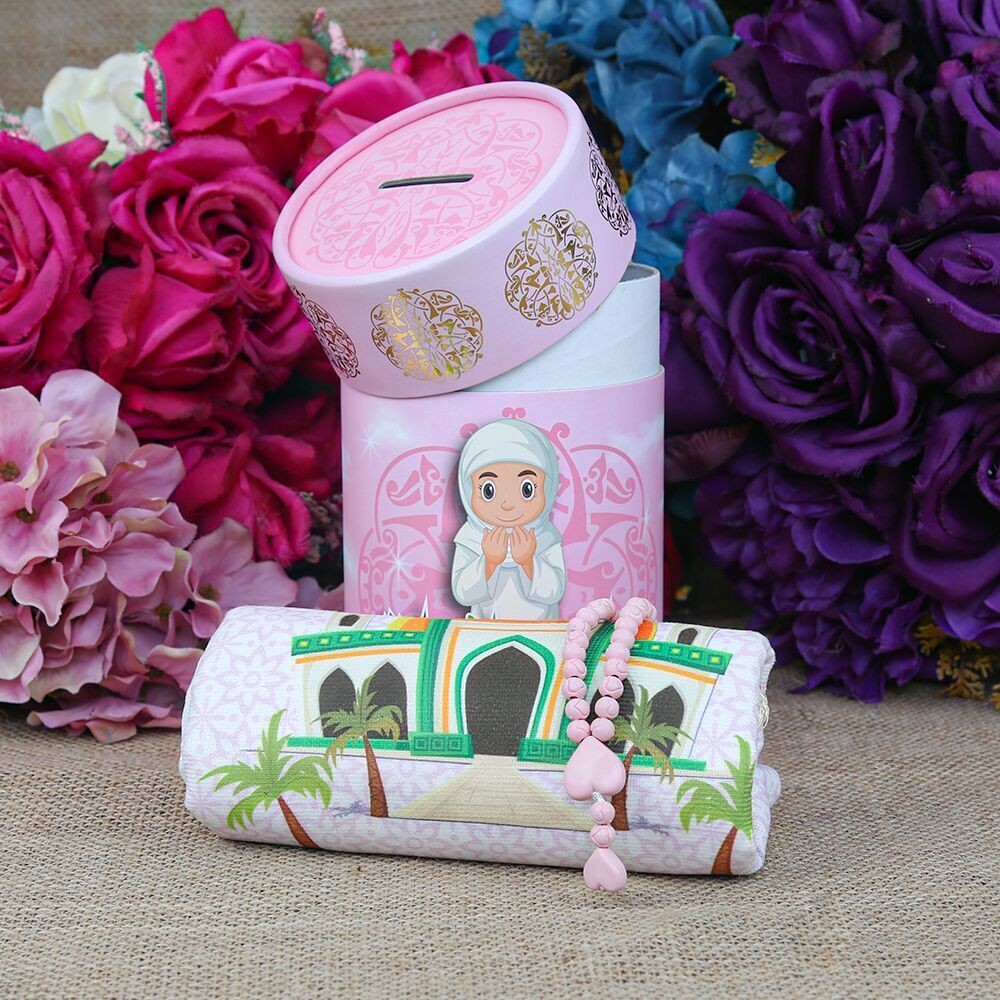 Children's Prayer Rug Kaaba Pink & Fragrant Heart Embroidered Rosary Baby Pink & First Step To Prayer Piggy Bank Cylinder Box Si