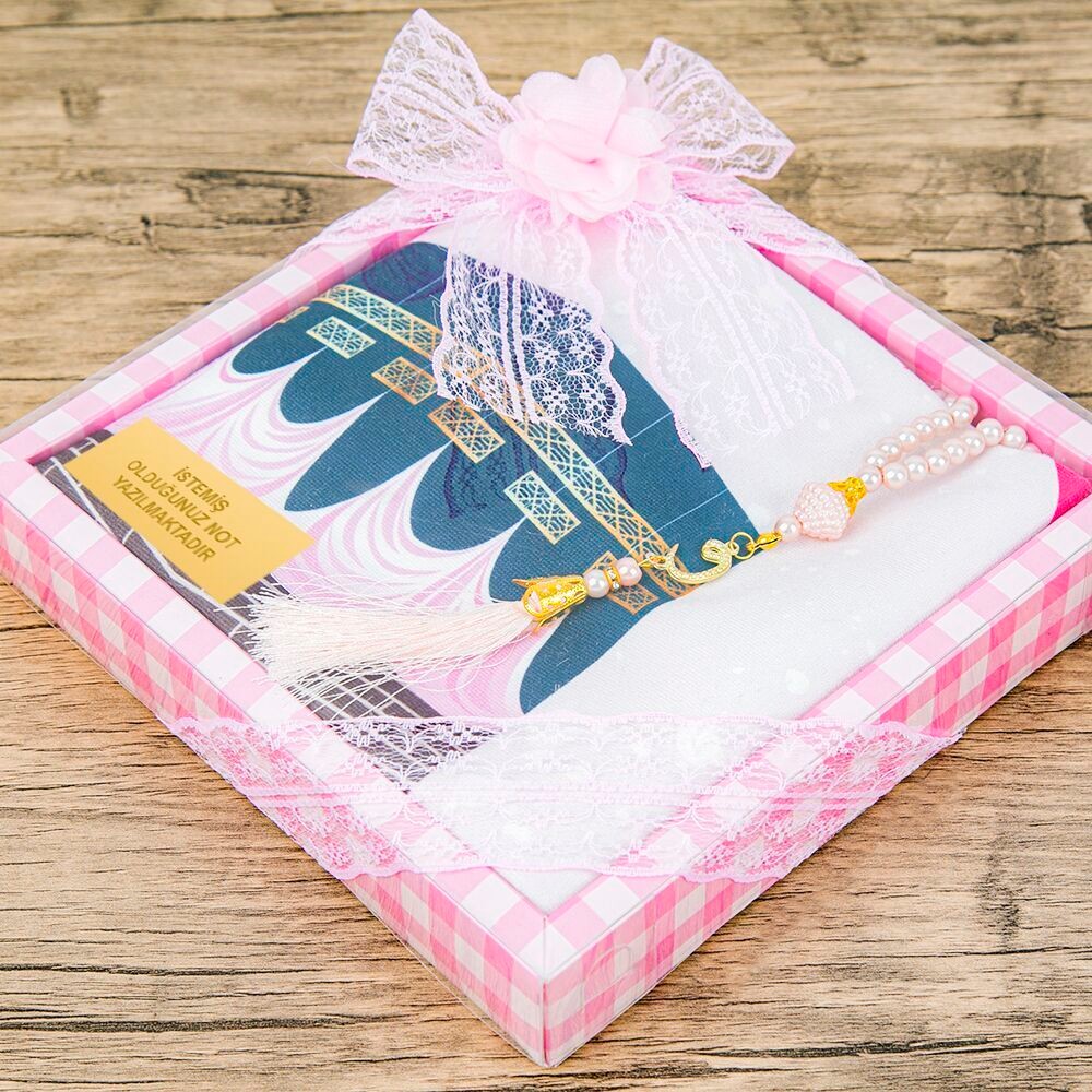 Çocuk Seccadesi 45*82 cm, İnci Tesbihli Asetat Kutulu Set-Pembe