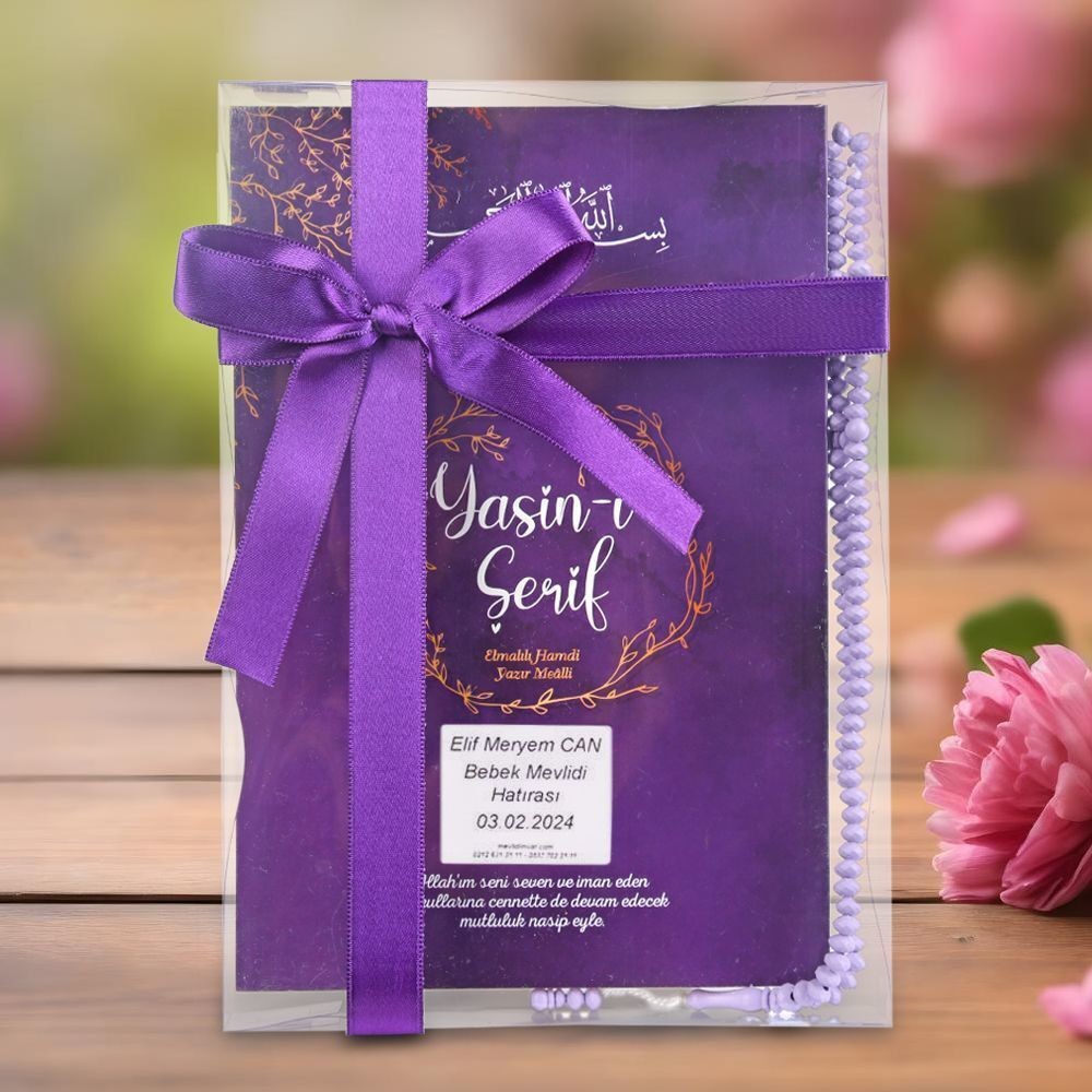Ekonomik Hediyelik Orta Boy Yasin, Tesbih, Süslemeli Asetat Kutulu (25*18 cm 150 gr)Mor