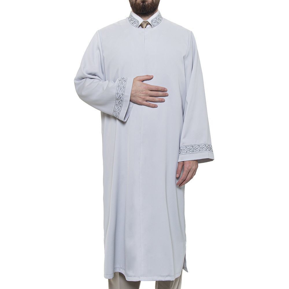 Asım  İmam Cübbesi Gri Kol ve Yaka Nakışlı Model