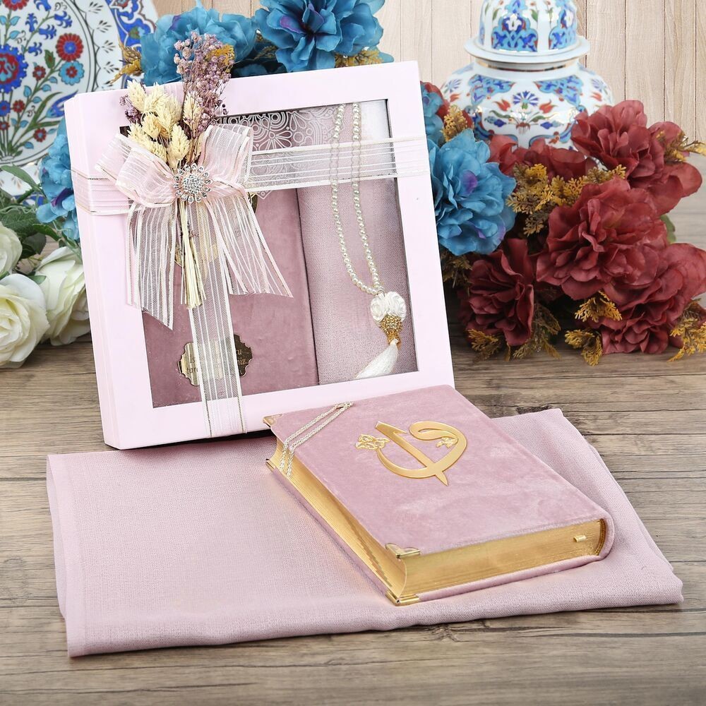 Anneler Günü Hediyesi Şal, Tesbih, Kuran-ı Kerim, Ahşap Kutulu Set-Pembe