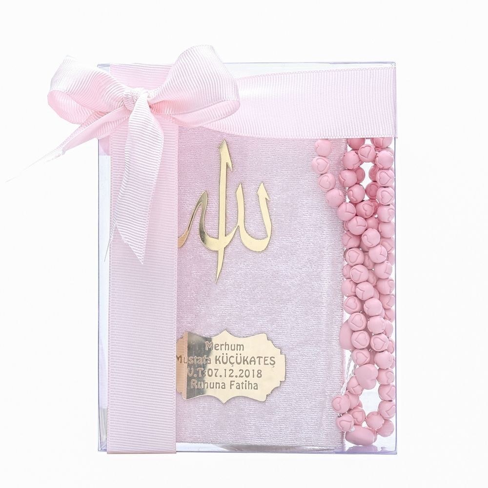 Kadife Kaplı Yasin Kitabı (Çanta Boy), Kokulu Tesbih, Asetat Kutuda (17×15) Mevlid Seti-Pembe
